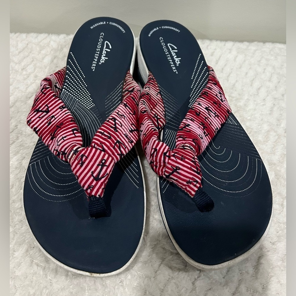 Clarks Arla Gilson Thong Sandals Red White Blue Anchors Womens Size‎ 10
